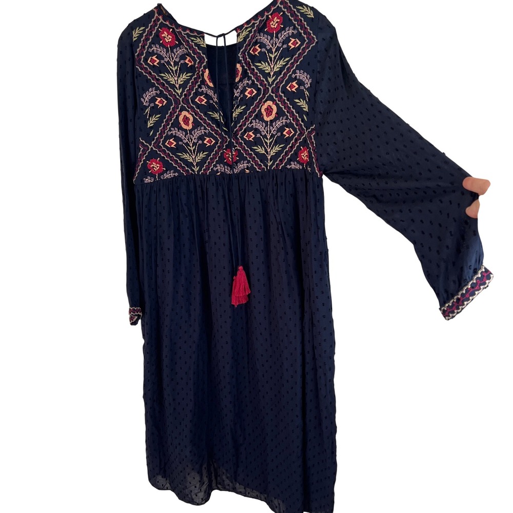 Navy Blue Embroidered Swiss‎ Dot Boho Midi Dress Long Sleeve Tassel Tie Front